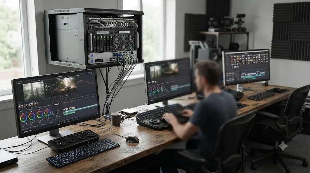 Illustration of multiple DaVinci Resolve workstations connected to a shared RAID 6 NAS over a network switch