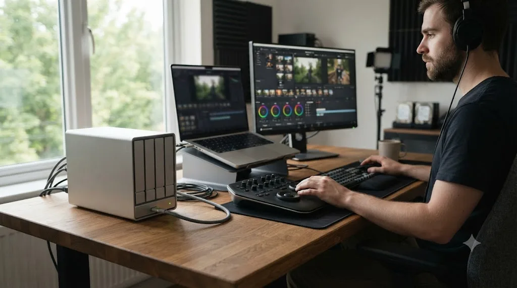 Illustration of a solo editor's desktop computer connected to a small local RAID 5 array