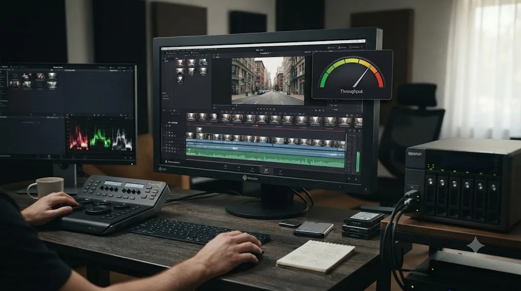Illustration of a DaVinci Resolve timeline drawing footage from a RAID array with a throughput gauge overlaid