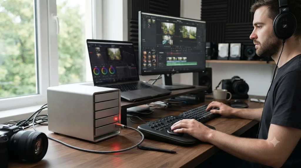 Illustration of a desktop Thunderbolt RAID enclosure beside a DaVinci Resolve editing workstation
