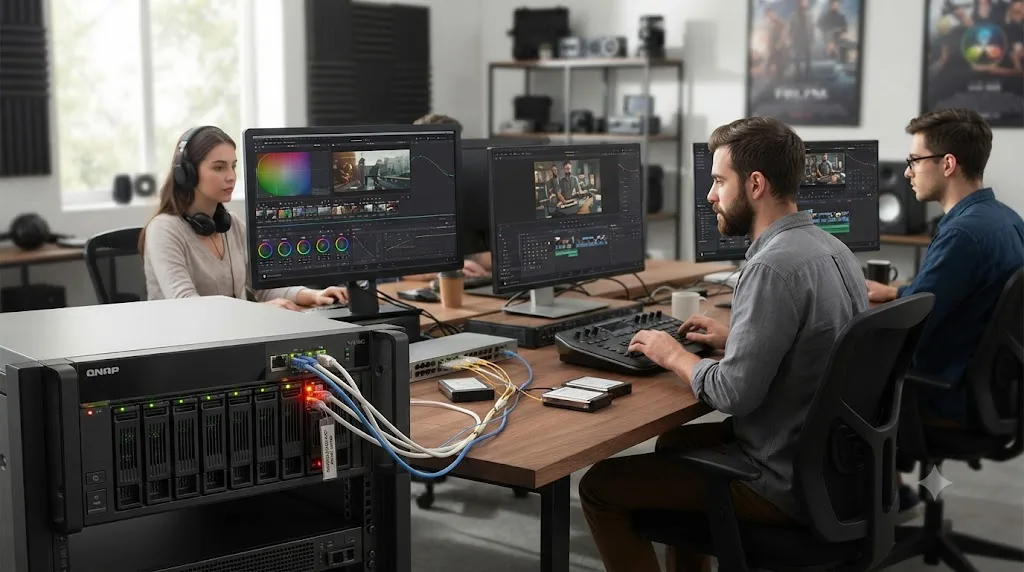 Illustration of an 8-bay NAS rebuilding a failed drive while DaVinci Resolve keeps editing