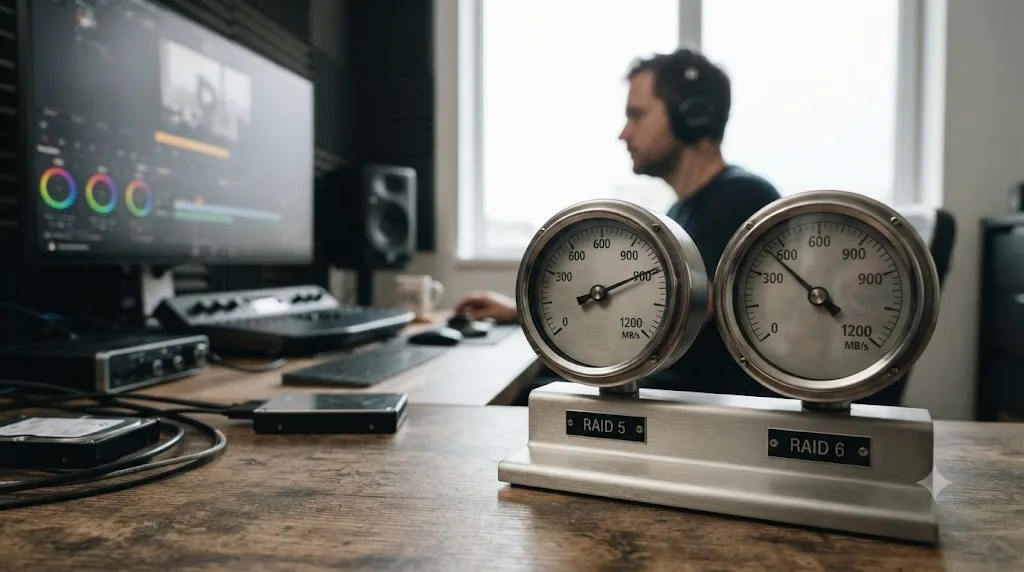 Illustration comparing RAID 5 and RAID 6 write speed during a DaVinci Resolve render