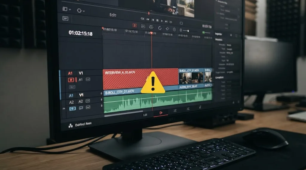 Illustration of a corrupted clip flagged with a warning icon on a DaVinci Resolve timeline