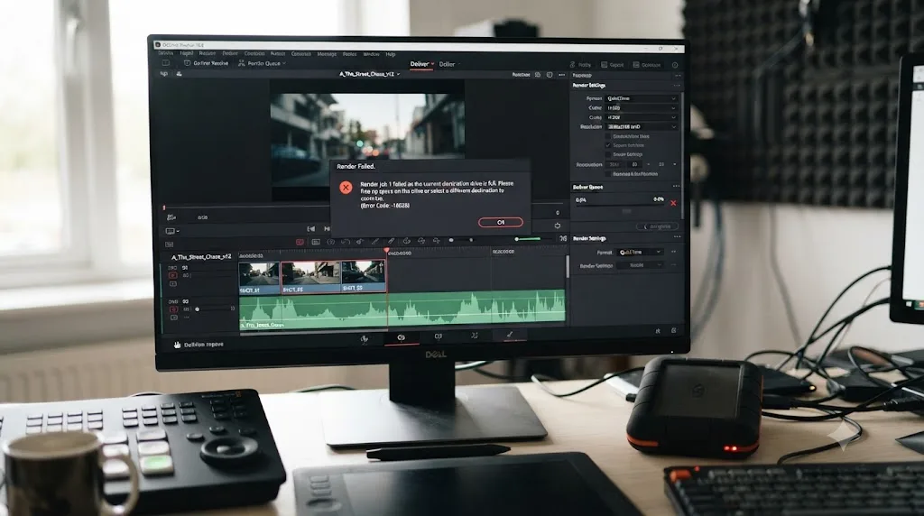 Illustration of a DaVinci Resolve render failing immediately because of a full destination drive