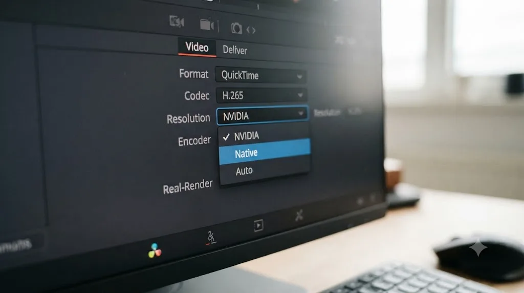 Illustration of the encoder setting switched from a hardware encoder to Native in DaVinci Resolve render settings