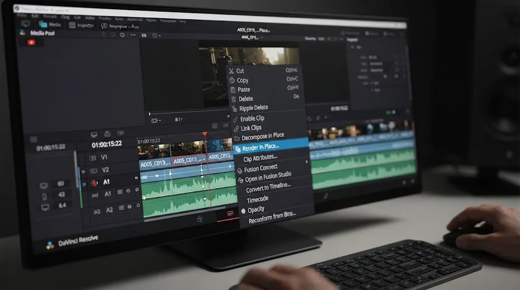 Illustration of the Render in Place option highlighted in a DaVinci Resolve right click menu