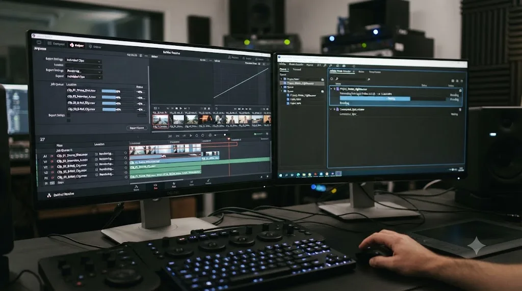 Illustration of exporting individual clips and transcoding a master file as DaVinci Resolve render workarounds