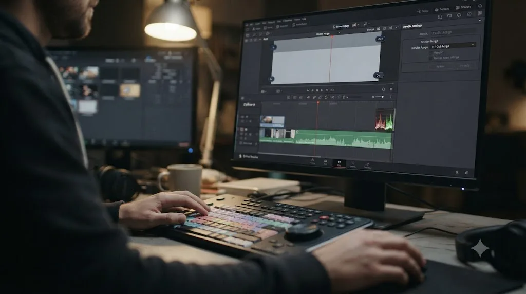 Illustration of a DaVinci Resolve render range set to In and Out points producing a shorter file than the timeline