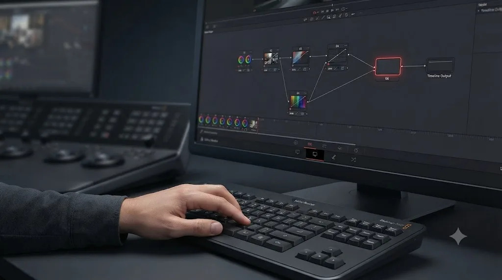 Illustration of adding a serial node in the DaVinci Resolve Color page node graph