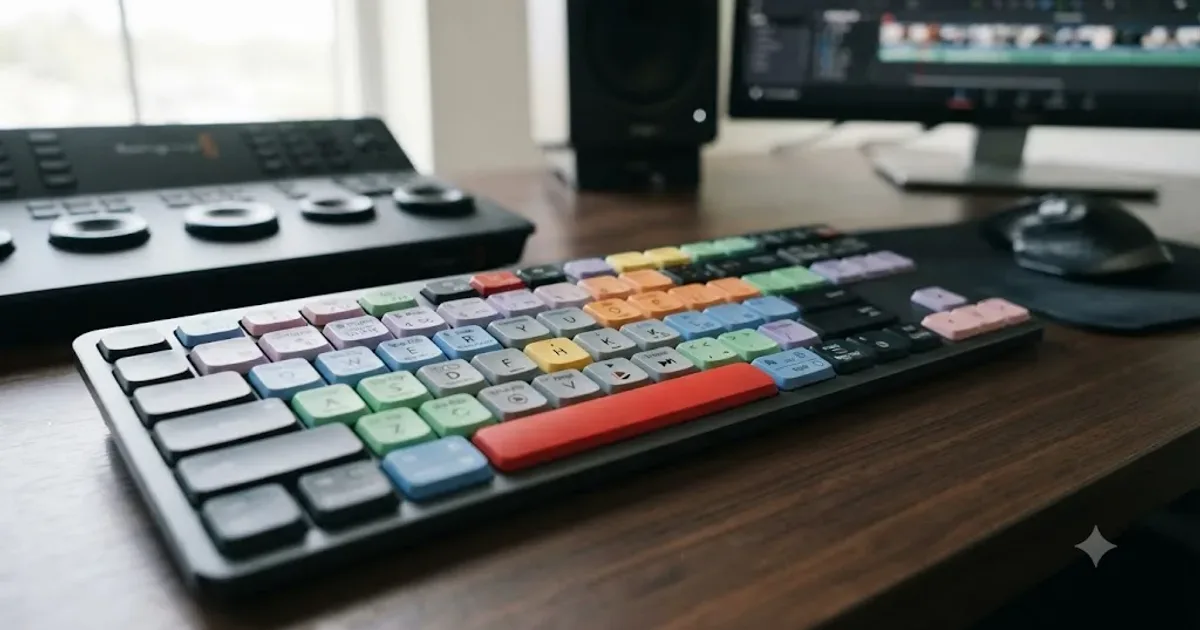 Illustration of a keyboard with DaVinci Resolve editing shortcuts highlighted in color