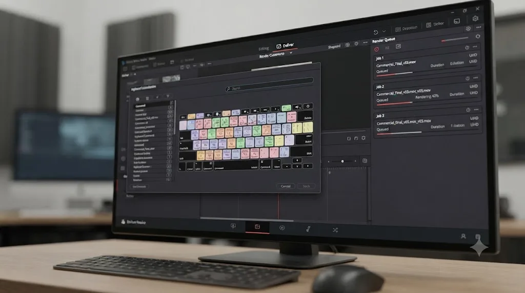 Illustration of the DaVinci Resolve Deliver page and the Keyboard Customization panel