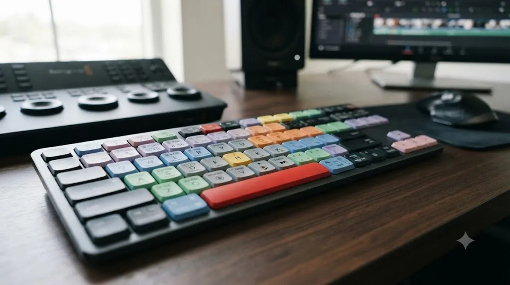 Illustration of a keyboard with DaVinci Resolve editing shortcuts highlighted in color