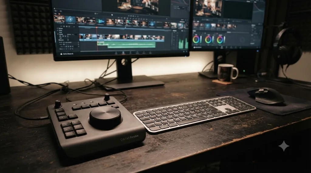 Illustration of a DaVinci Resolve Speed Editor panel next to a standard keyboard on an editing desk