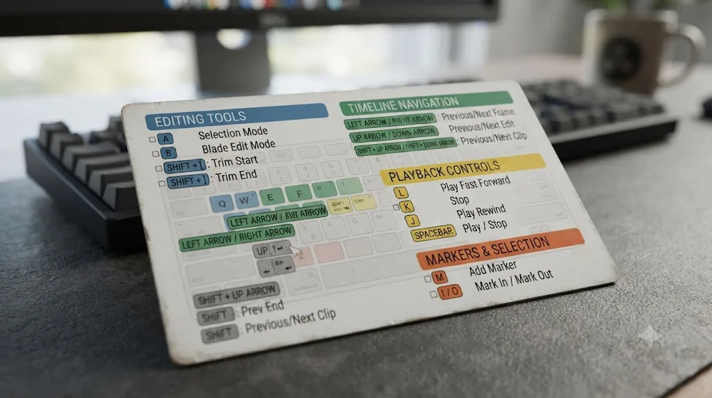 Illustration of a checklist of core DaVinci Resolve keyboard shortcuts grouped by function