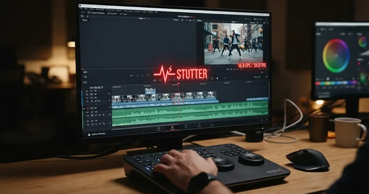 Illustration of choppy playback stutter on a DaVinci Resolve timeline