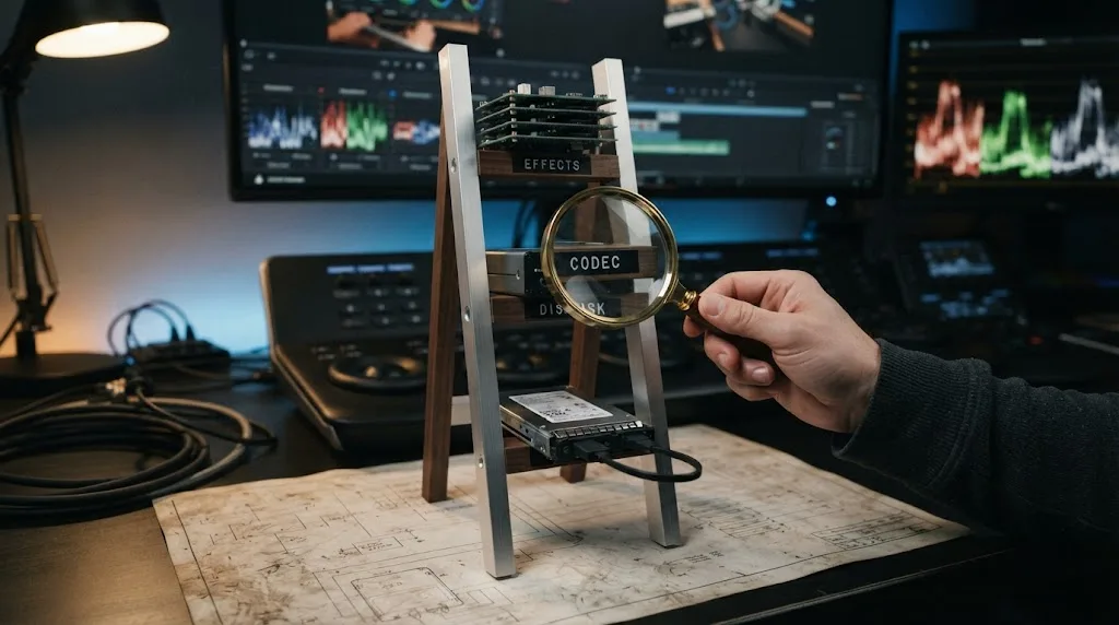 Illustration of a three-step diagnosis ladder for choppy DaVinci Resolve playback