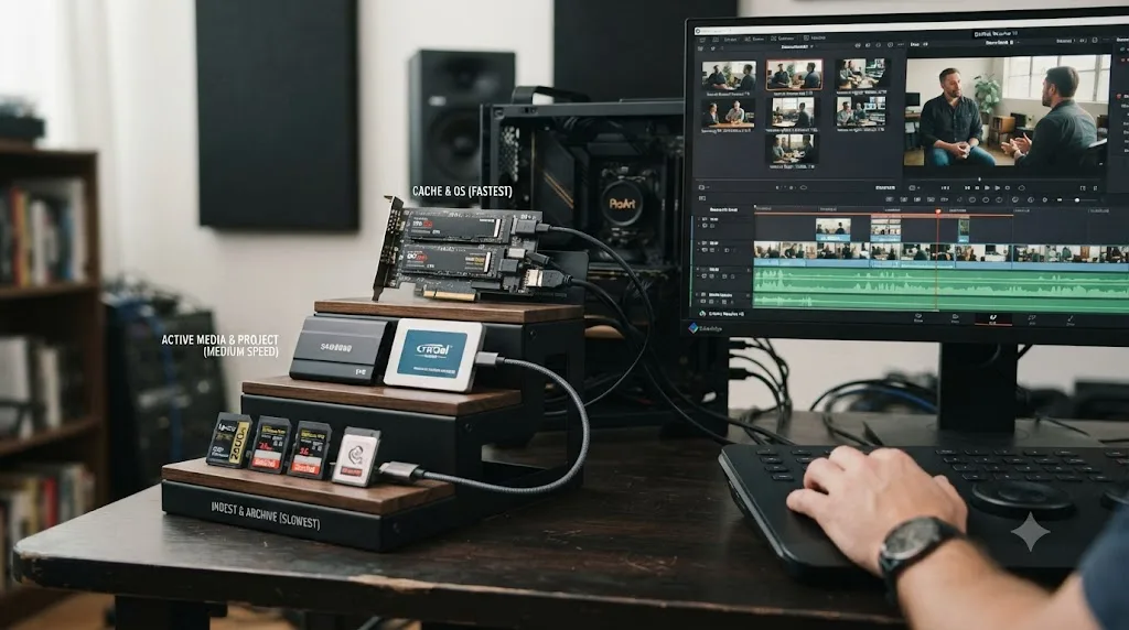 Illustration of drive throughput tiers feeding a DaVinci Resolve timeline
