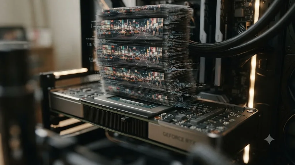Illustration of a GPU decoding compressed camera footage under load in DaVinci Resolve