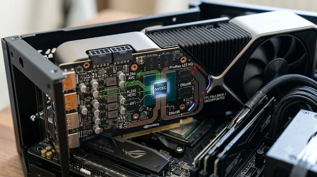 Illustration of GPU hardware decode blocks handling some codec flavors and rejecting others
