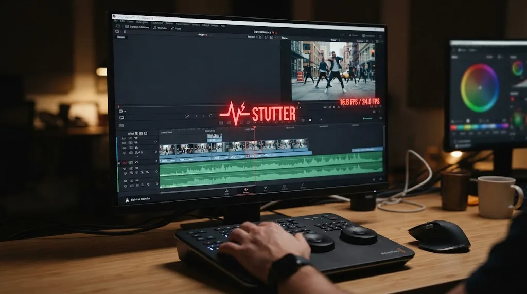Illustration of choppy playback stutter on a DaVinci Resolve timeline