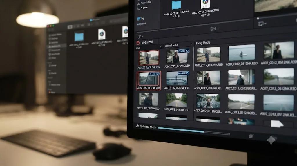 Illustration of DaVinci Resolve transcoding footage into Optimized Media