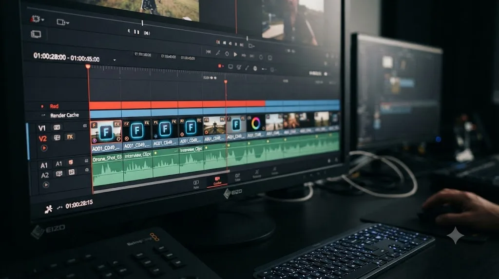 Illustration of Render Cache markers over effect-heavy clips in a DaVinci Resolve timeline