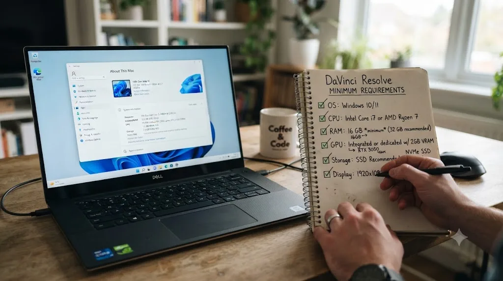 Illustration comparing a laptop's specs against DaVinci Resolve's minimum requirements