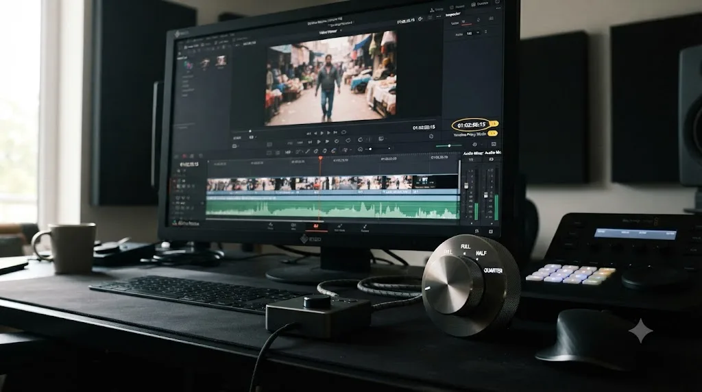 Illustration of Timeline Proxy Mode reducing playback resolution in DaVinci Resolve