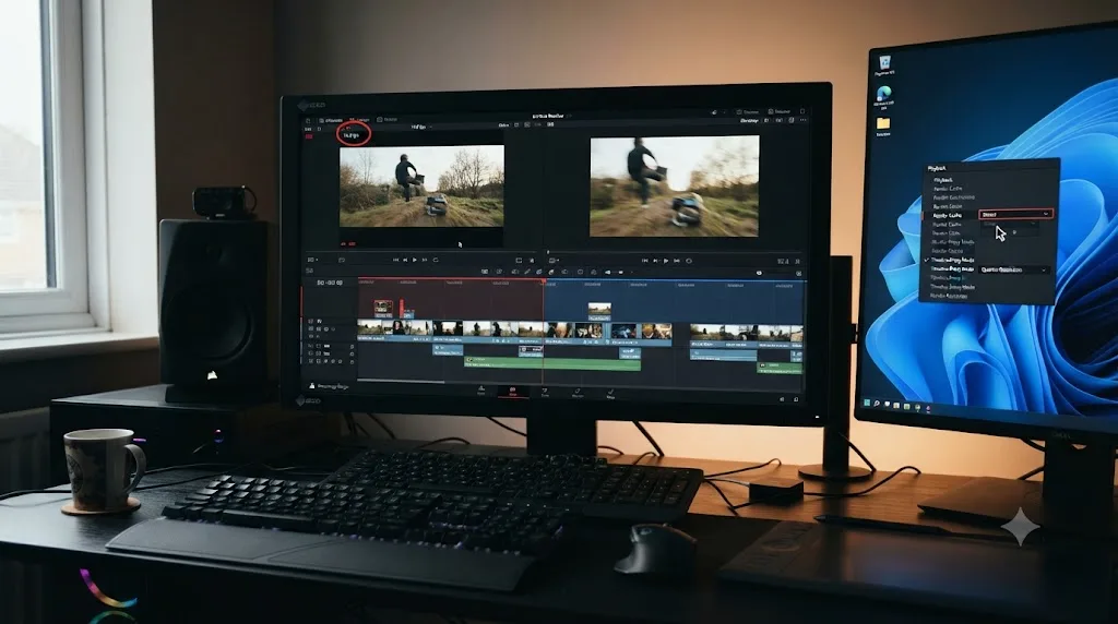 Illustration of a worked example fixing choppy DaVinci Resolve playback on a Windows editing PC