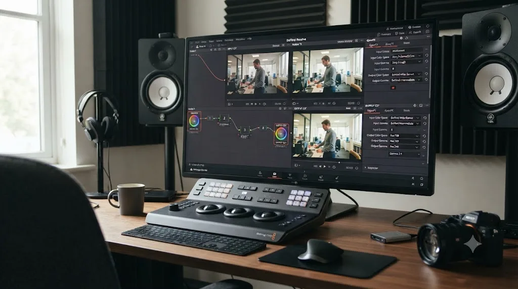 Illustration of a DaVinci Resolve node graph with two Color Space Transform nodes converting Sony A7 IV S-Log3 footage to Rec.709 output