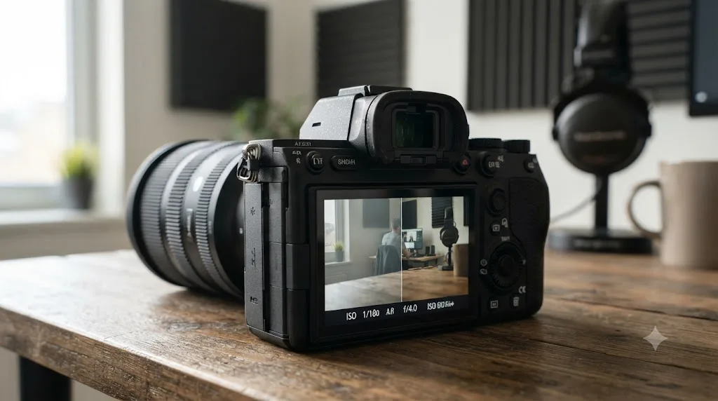 Illustration comparing a flat grey S-Log3 preview and the same frame with Gamma Display Assist applied on a Sony A7 IV viewfinder