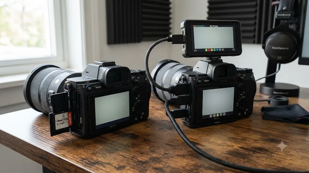 Illustration comparing Sony A7 IV internal recording tagged S-Gamut3.Cine against HDMI external recording with an uncertain color space tag