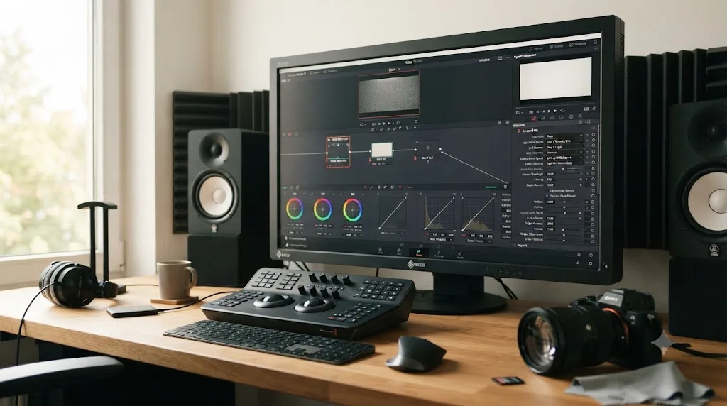 Illustration of a DaVinci Resolve node graph with a Noise Reduction node placed before a Color Space Transform node on Sony A7 IV S-Log3 footage