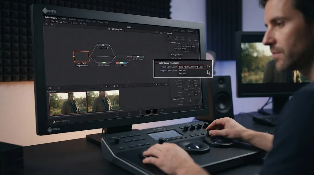 Illustration of an on-screen assistant highlighting the Color Space Transform settings in DaVinci Resolve on a Mac
