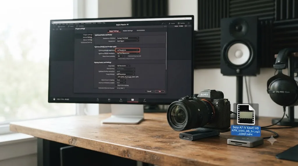 Illustration of a DaVinci Resolve Optimized Media settings panel next to a Sony A7 IV XAVC HS file icon