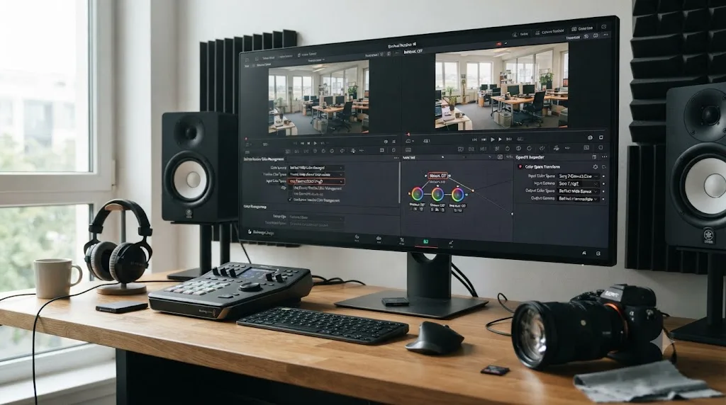 Illustration comparing DaVinci Resolve Color Management settings against a manual Color Space Transform node for Sony A7 IV footage