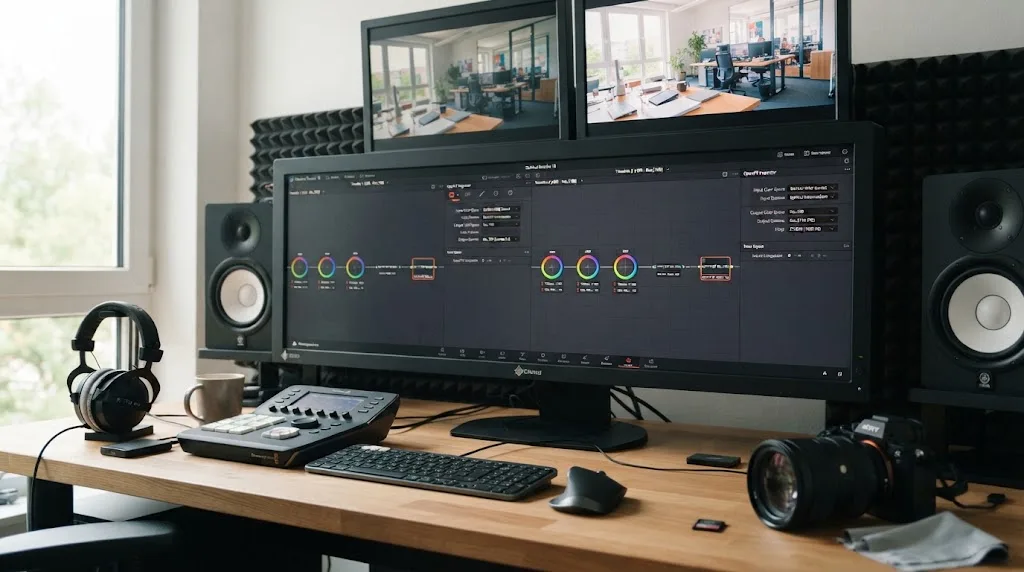 Illustration of a duplicated DaVinci Resolve timeline showing two Color Space Transform output nodes, one set to Rec.709 and one set to Rec.2100 for HDR delivery