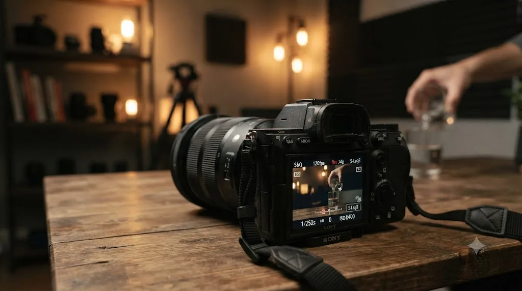 Illustration of a Sony A7 IV shooting 120fps S&Q slow motion, showing the shutter speed and ISO tradeoff for S-Log3 exposure