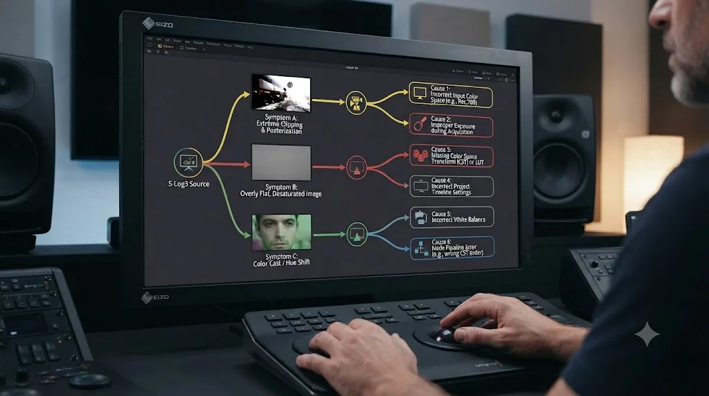 Illustration of a troubleshooting decision tree matching Sony A7 IV S-Log3 footage symptoms in DaVinci Resolve to their causes