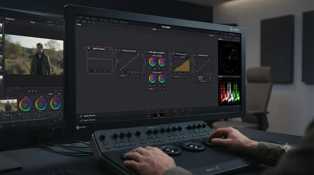 Illustration of a five-node DaVinci Resolve node graph taking Sony A7 IV S-Log3 footage from Log source to finished Rec.709 grade