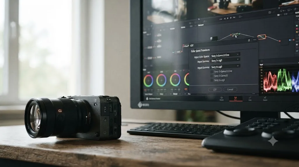 Illustration of a Sony FX3 cinema camera next to a DaVinci Resolve Color Space Transform panel set to Sony S-Gamut3.Cine and S-Log3