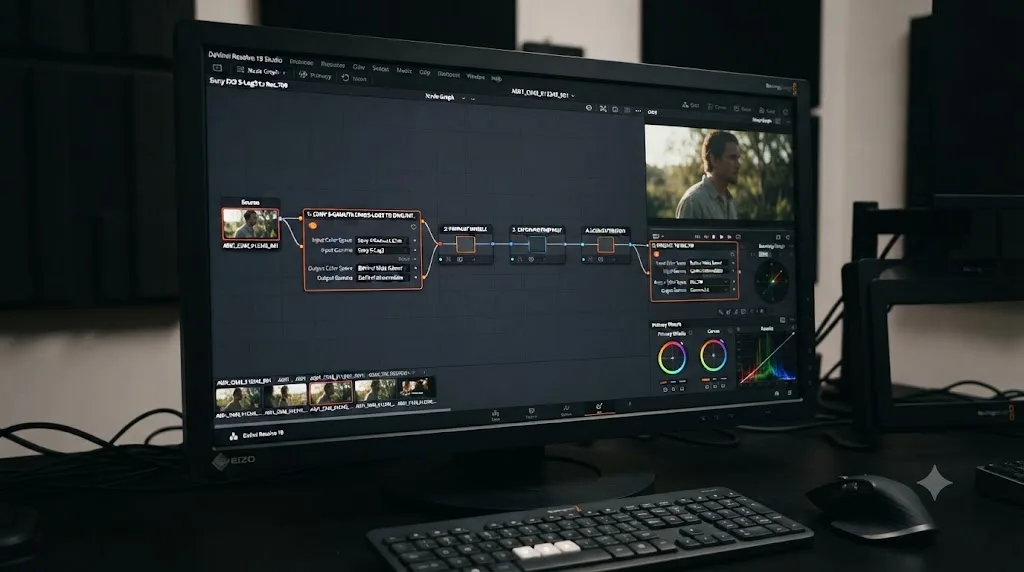 Illustration of a DaVinci Resolve node graph with two Color Space Transform nodes converting Sony FX3 S-Log3 footage to Rec.709 output
