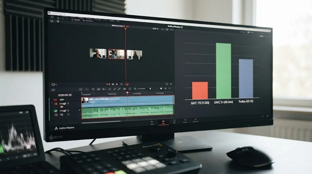 Illustration of a stuttering DaVinci Resolve timeline playback indicator on a Sony FX3 XAVC HS clip beside a codec bitrate comparison chart