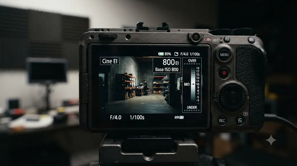 Illustration of a Sony FX3 monitor overlay showing an EI value, Base ISO, and latitude indicators during Cine EI shooting