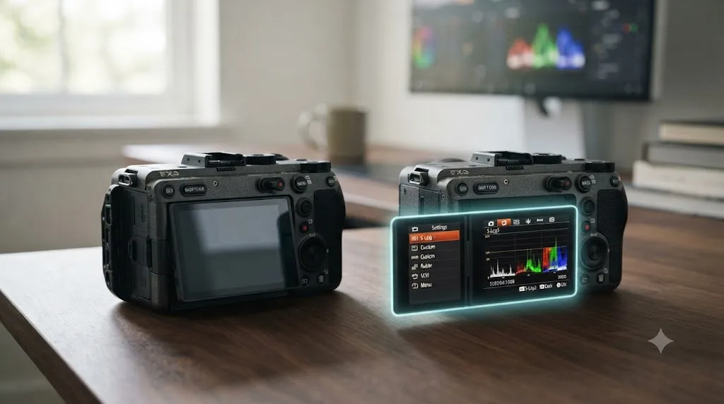Illustration comparing a Sony FX3 and a Sony FX3A side by side with the LCD panel difference highlighted