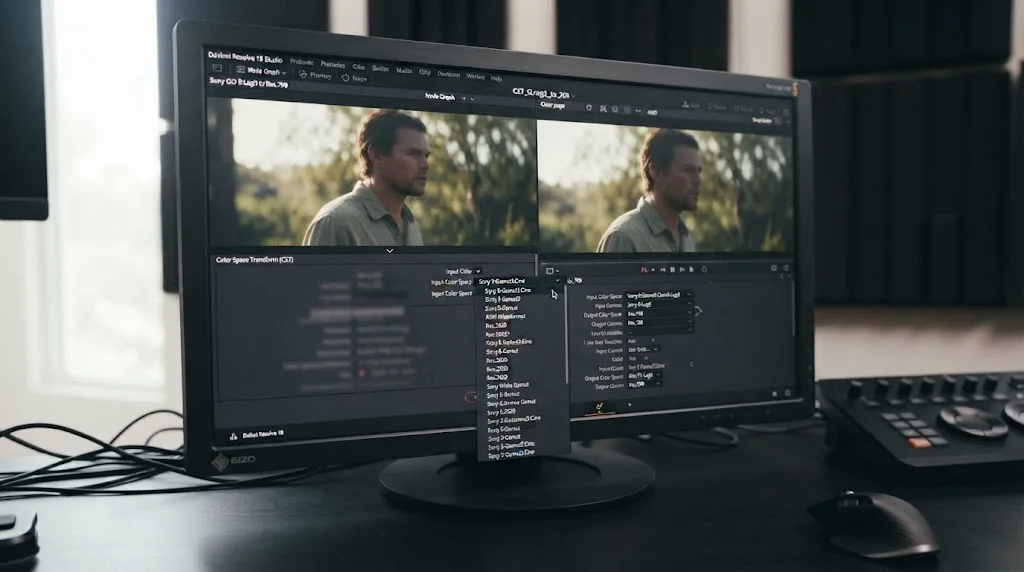 Illustration of a DaVinci Resolve Input Color Space dropdown showing Sony S-Gamut3 and S-Gamut3.Cine as separate options