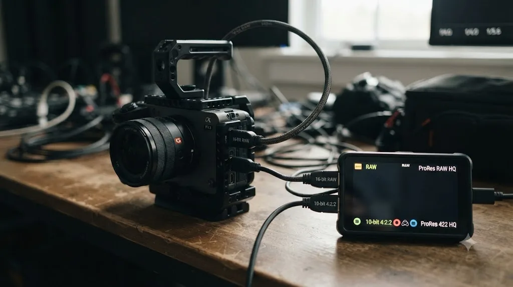 Illustration of a Sony FX3 outputting over HDMI to an external recorder with separate paths for 16-bit RAW and standard 10-bit 4:2:2 video