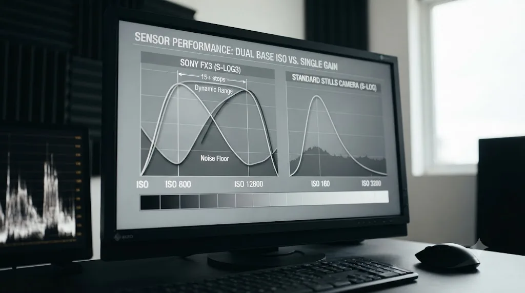 Illustration of a dynamic range chart showing the Sony FX3's dual base ISO points at 800 and 12800 for S-Log3