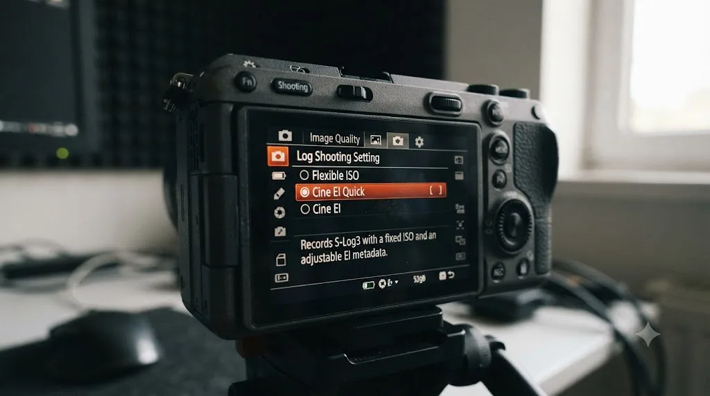 Illustration of a Sony FX3 menu screen showing Flexible ISO, Cine EI Quick, and Cine EI log shooting mode options
