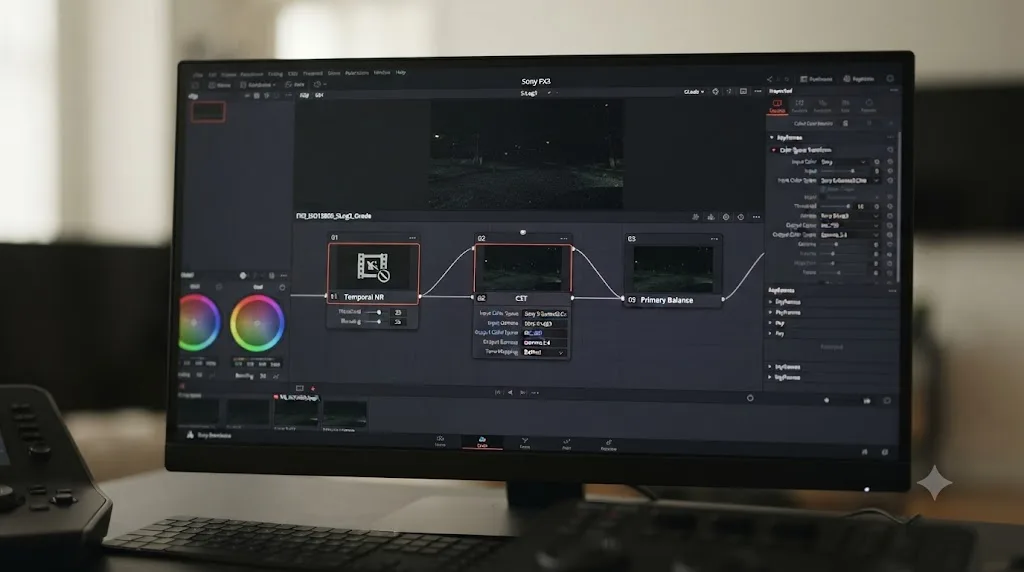 Illustration of a DaVinci Resolve node graph with a Noise Reduction node placed before a Color Space Transform node on Sony FX3 S-Log3 footage